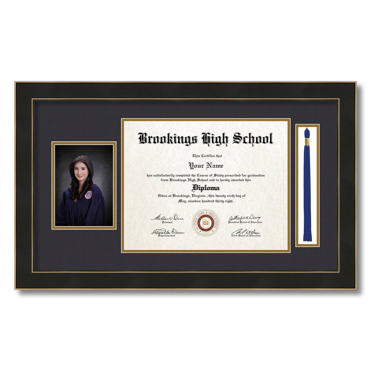 ArtToFrames 11x14 inch Diploma Frame with 5x7 Inch Image Opening and Tassel Opening - Framed with Black and Gold Mats, Comes with Regular Acrylic and Sawtooth Hanger for Wall Hanging (DIT-11x14)